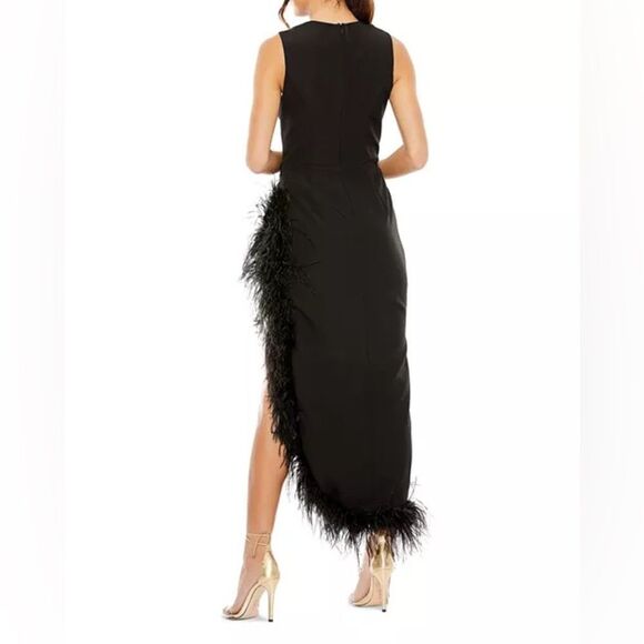 MAC DUGGAL 11626 Black Sleeveless Faux Wrap Dress with Feather Detail - Picture 4 of 12